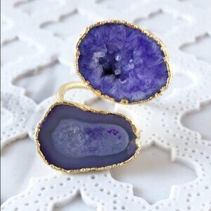 Gold Plated Purple Agate & Geode Double Stone Boho Wrap Ring